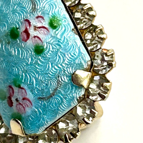 Vintage Guilloche Mid Century Rectangular Enamel Rhinestone Pin Blue Small 50’s - Picture 8 of 14